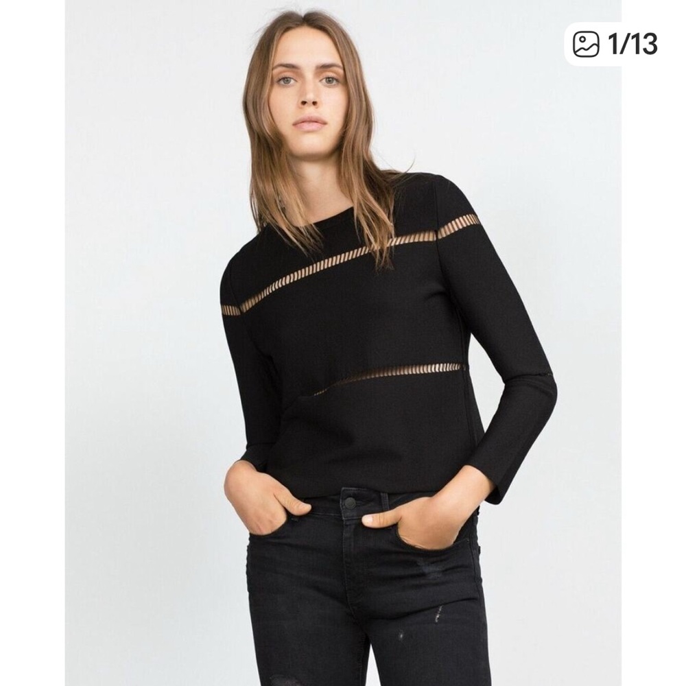 Zara Sweater Womens S Small Solid Black Cutout Knit Bracelet Sleeve Crew Neck